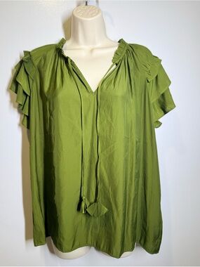 Rose & Olive Olive Green Ruffle Sleeve V-Neck Blouse